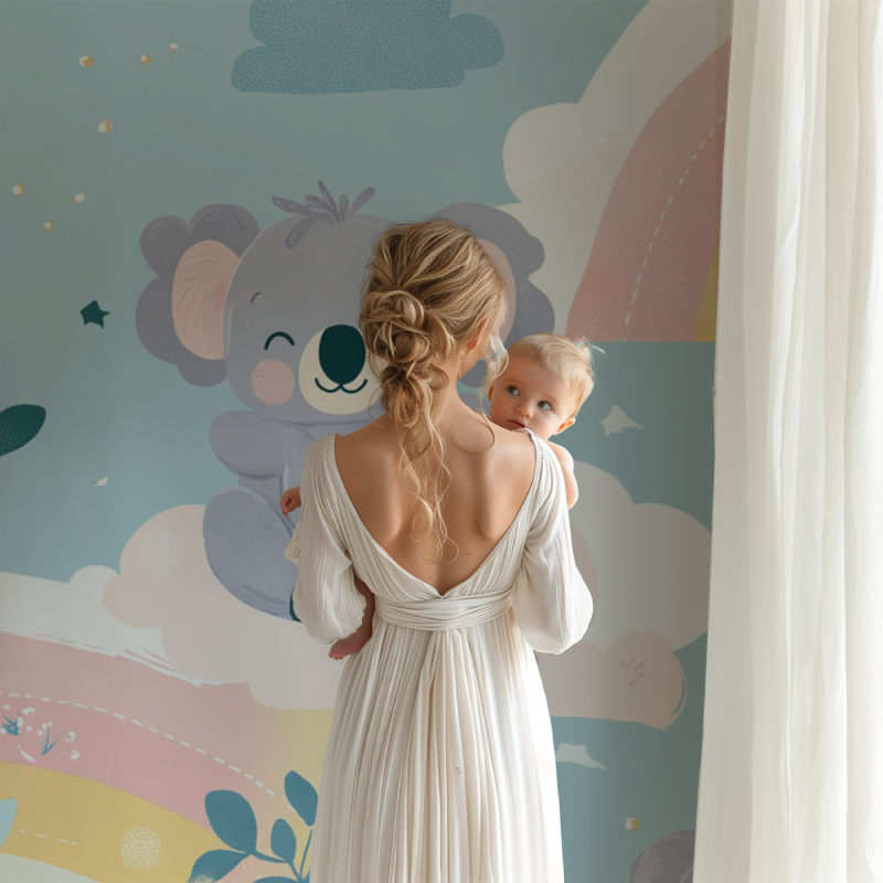 Pastellfarbene, bogenförmige Tapete mit sitzendem Koala | Wandbildtapete