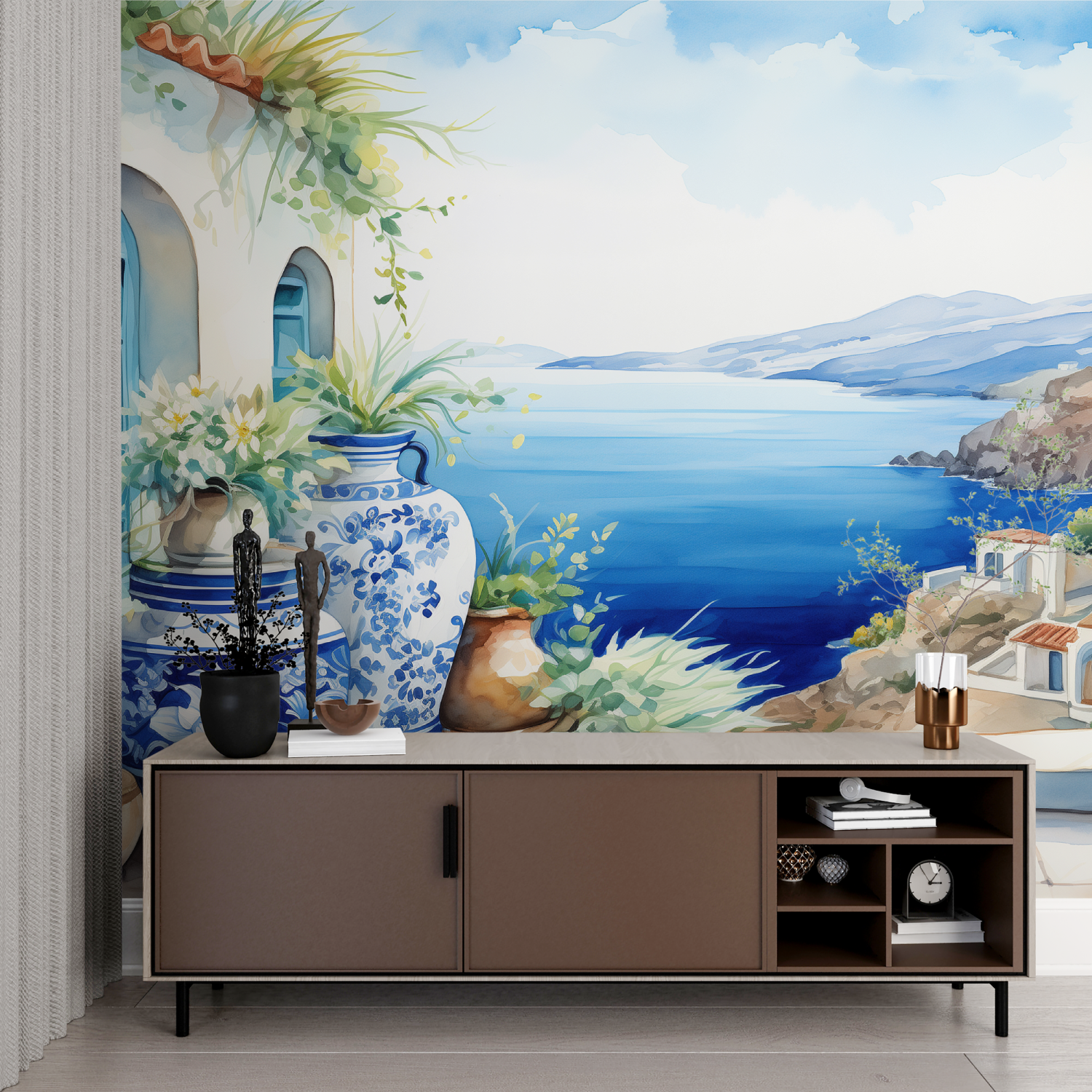 Watercolor Landscape Greece Wallpaper | Murals Wallpaper