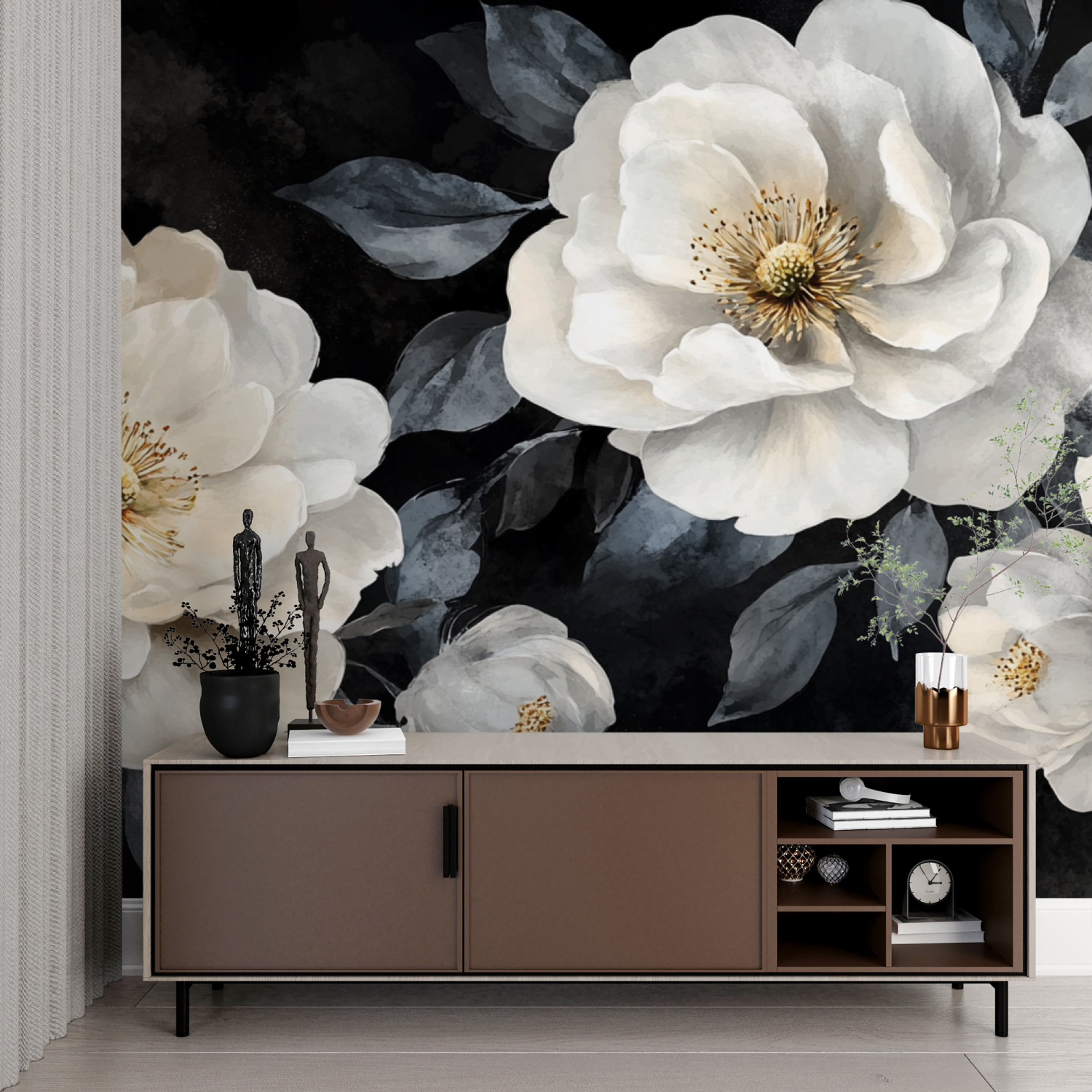 Papel de parede de Aquarela de flores brancas e pretas | Murais Papel de parede