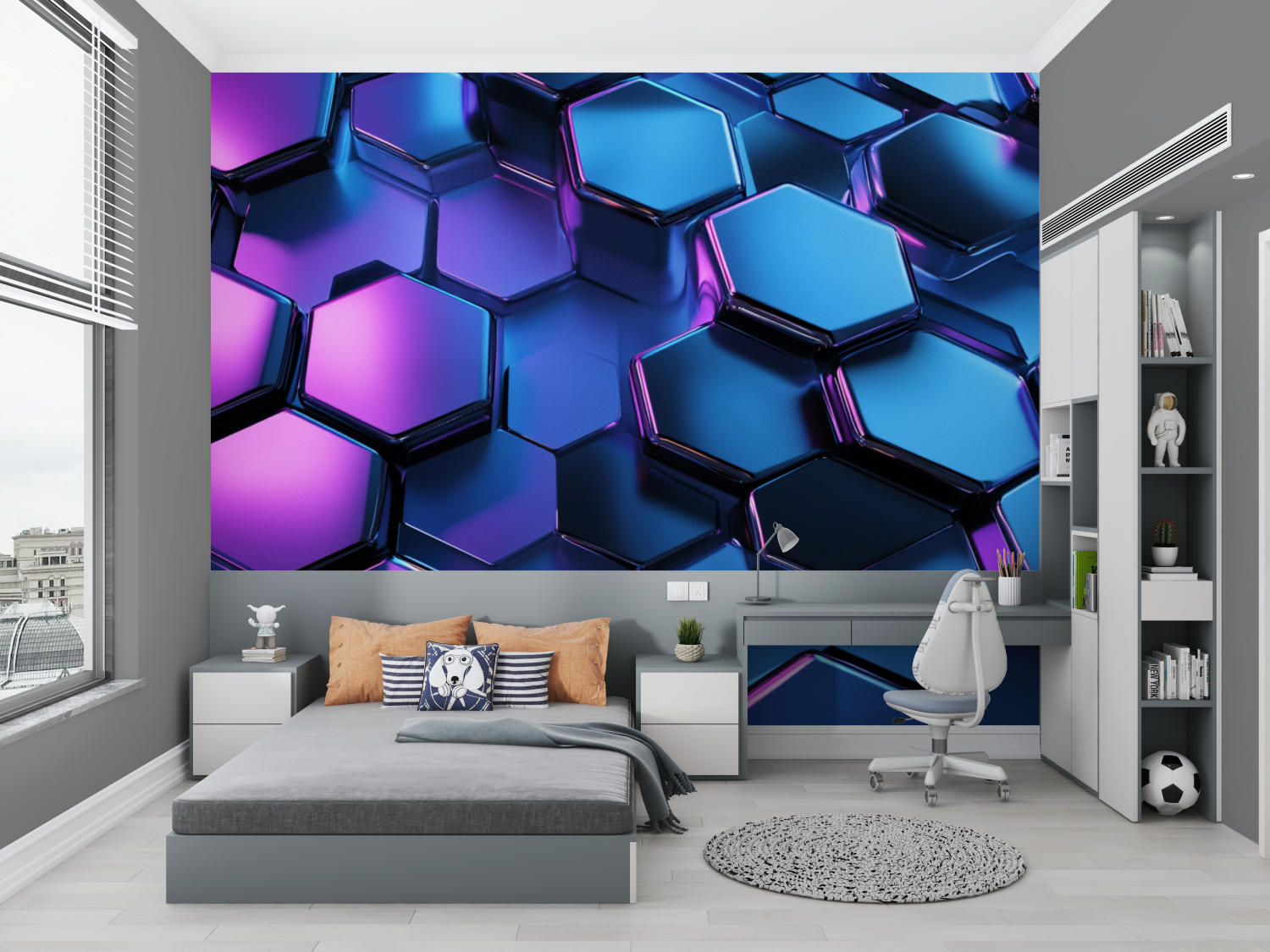 Neon Blue Hexagon Wallpaper | Murals Wallpaper