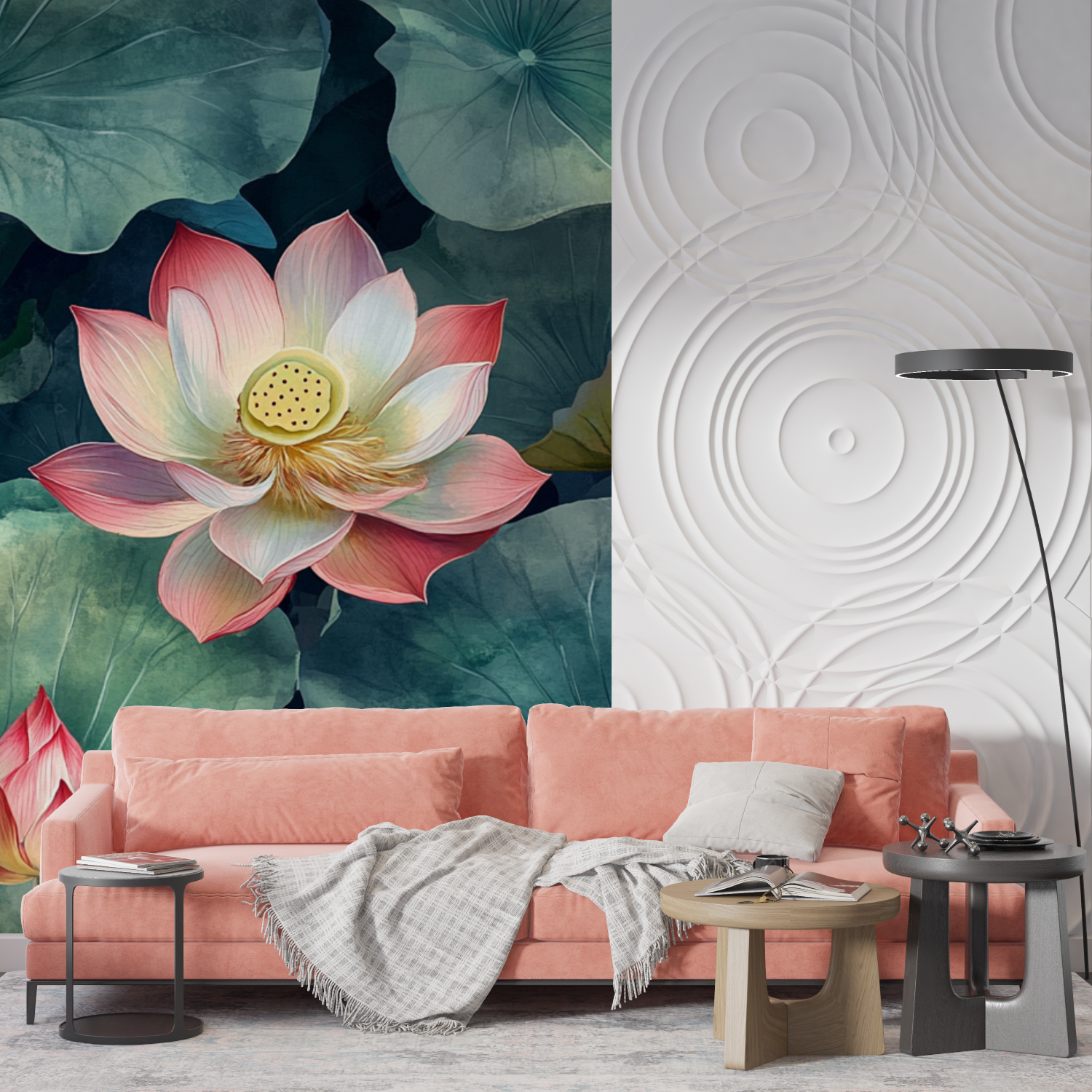 Watercolor Lotus and Green Leaves Wallpaper | Murals Wallpaper