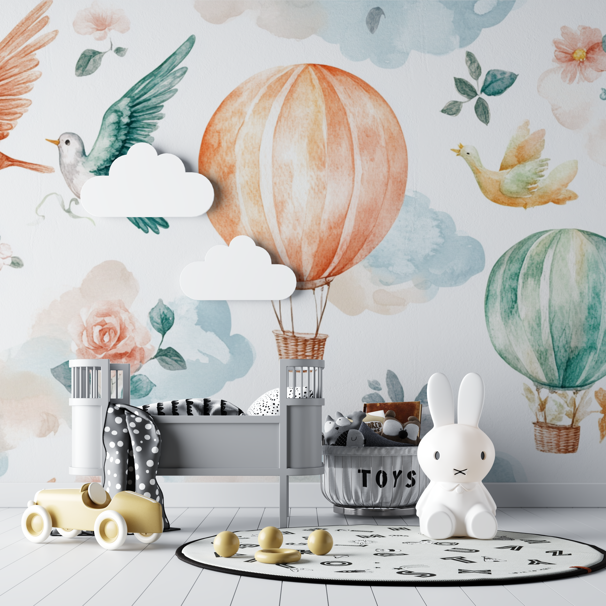 Hot Air Balloon and Exotic Birds Wallpaper | Murals Wallpaper