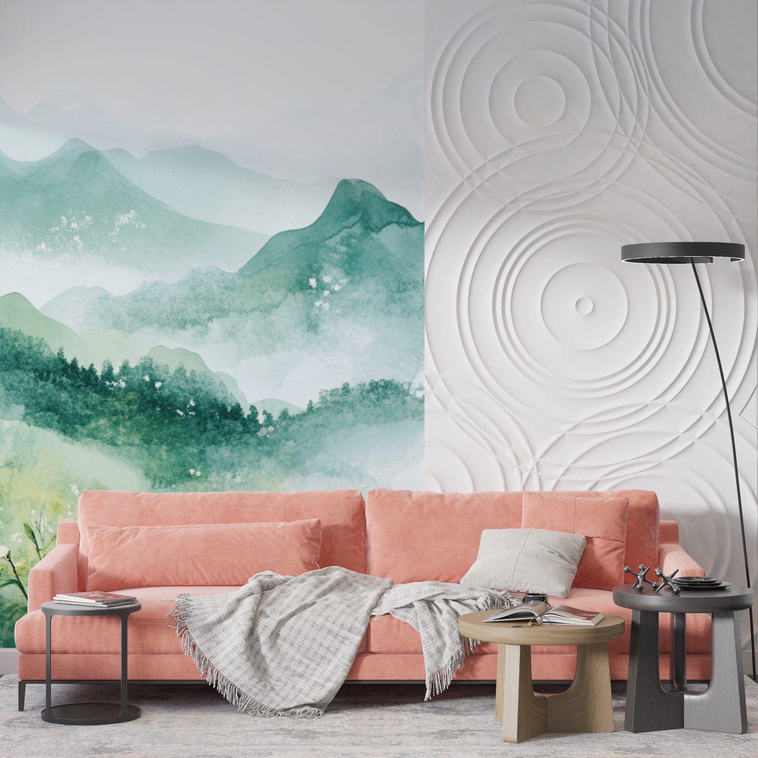 Papel de parede de paisagem floral de aguarela com colinas | Murais Papel de parede