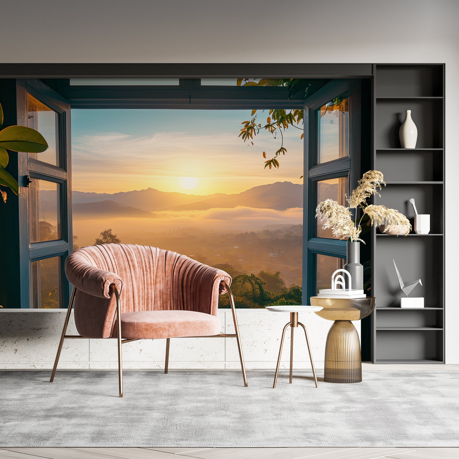 Tapete mit Trompe-l’œil-Effekt „Offenes Fenster“ | Wandtapete