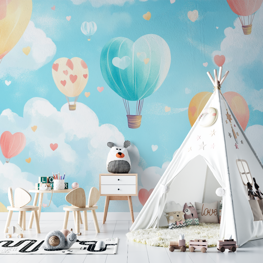 Hot Air Balloon and Little Hearts Wallpaper | Murals Wallpaper