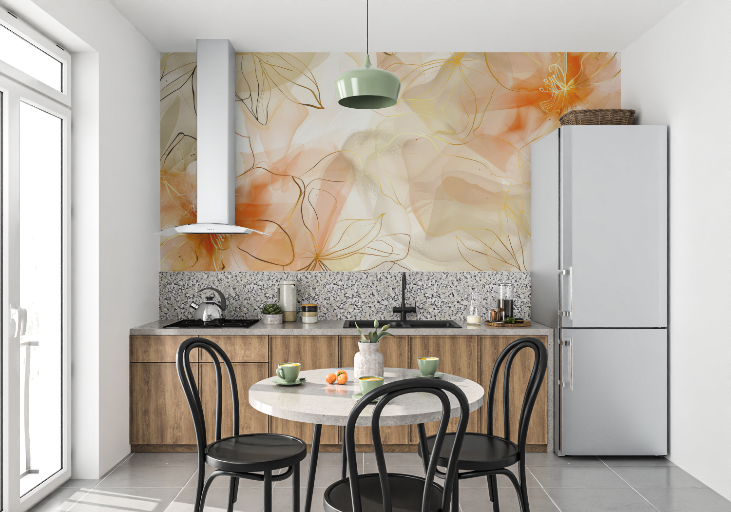 Orangefarbene Blumentapete | Wandtapete