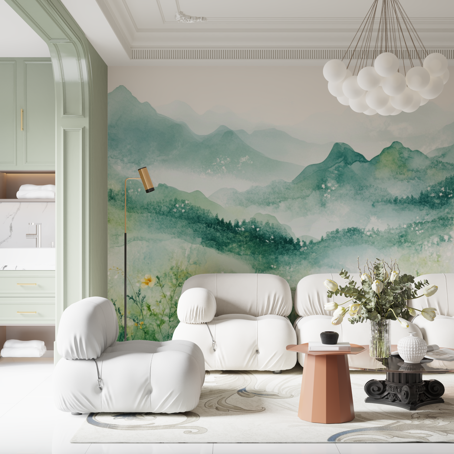 Papel de parede de paisagem floral de aguarela com colinas | Murais Papel de parede