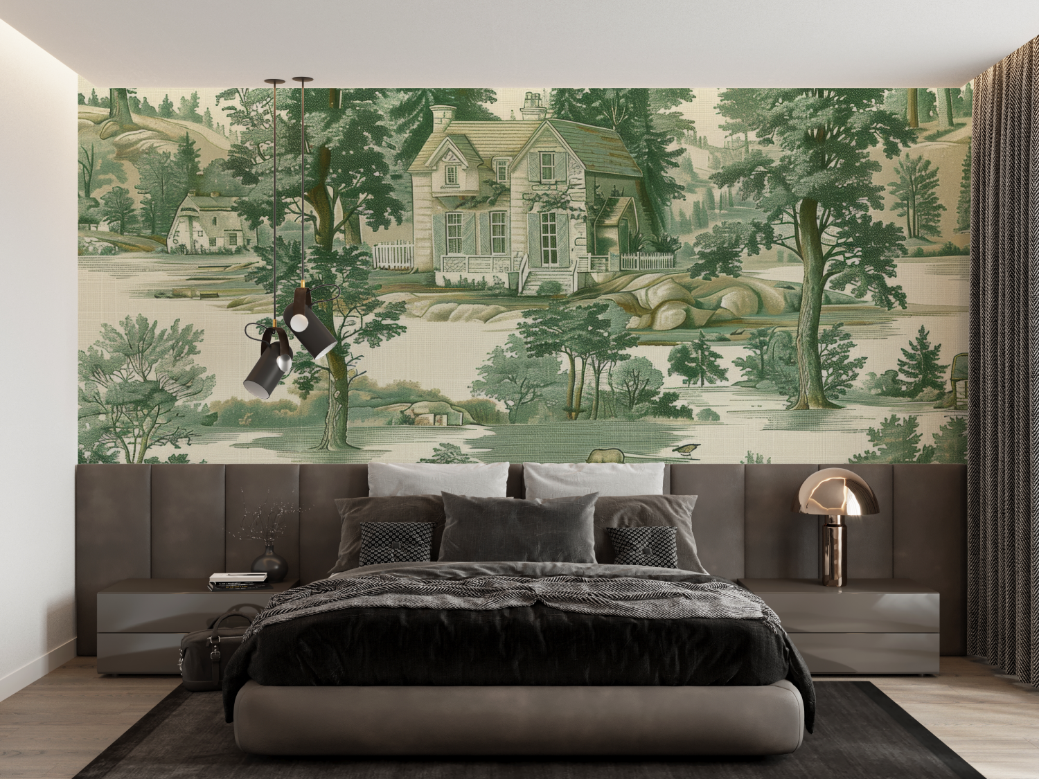 Toile de Jouy Landscape Green Wallpaper | Murals Wallpaper