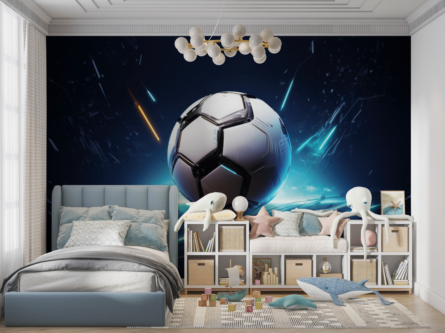 3D-Tapete mit blauem Fußball | Wandbilder