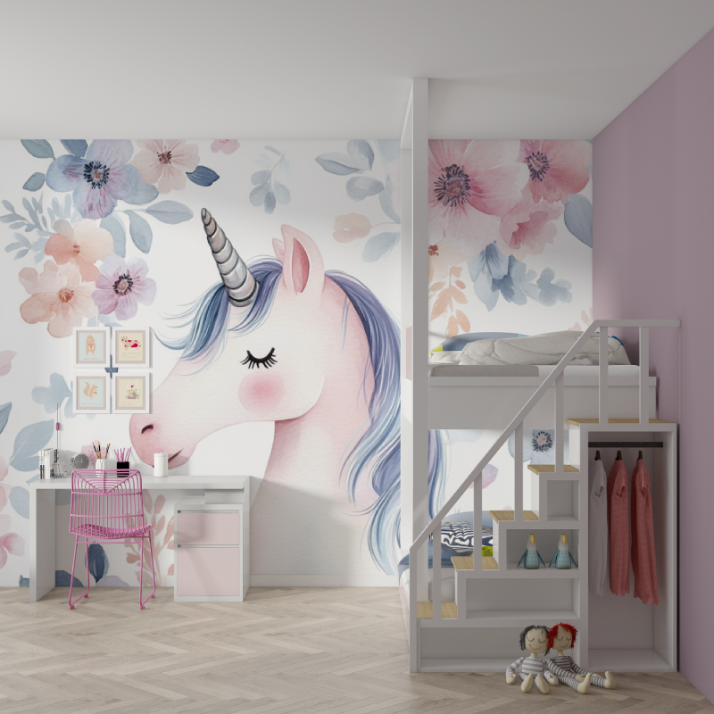 Unicorn Girl Wallpaper Floral Border | Murals Wallpaper