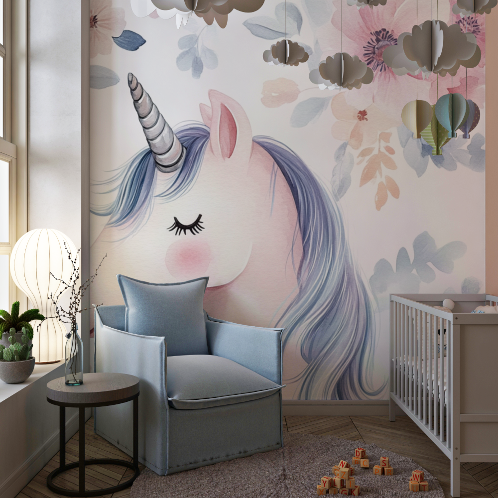 Unicorn Girl Wallpaper Floral Border | Murals Wallpaper