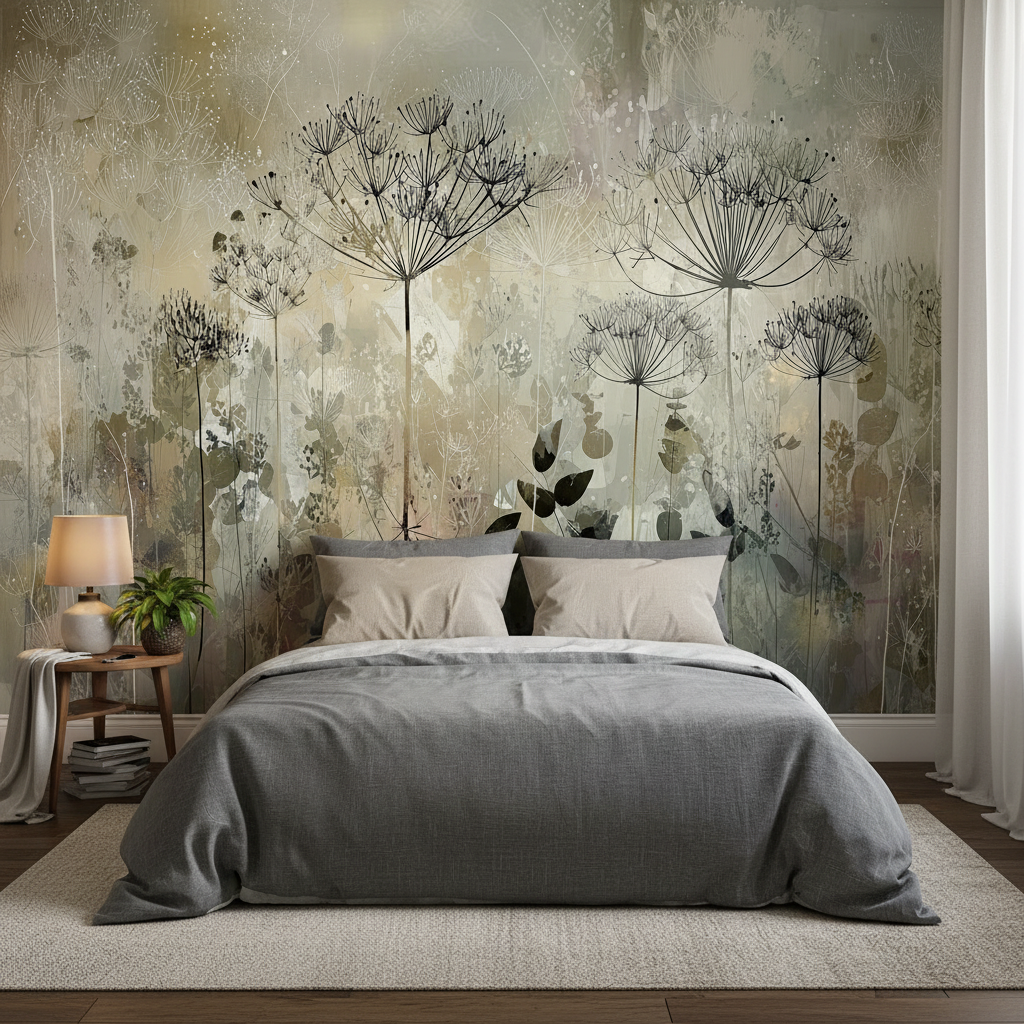 Delicate Botanical Meadow Illustration Mural Wallpaper