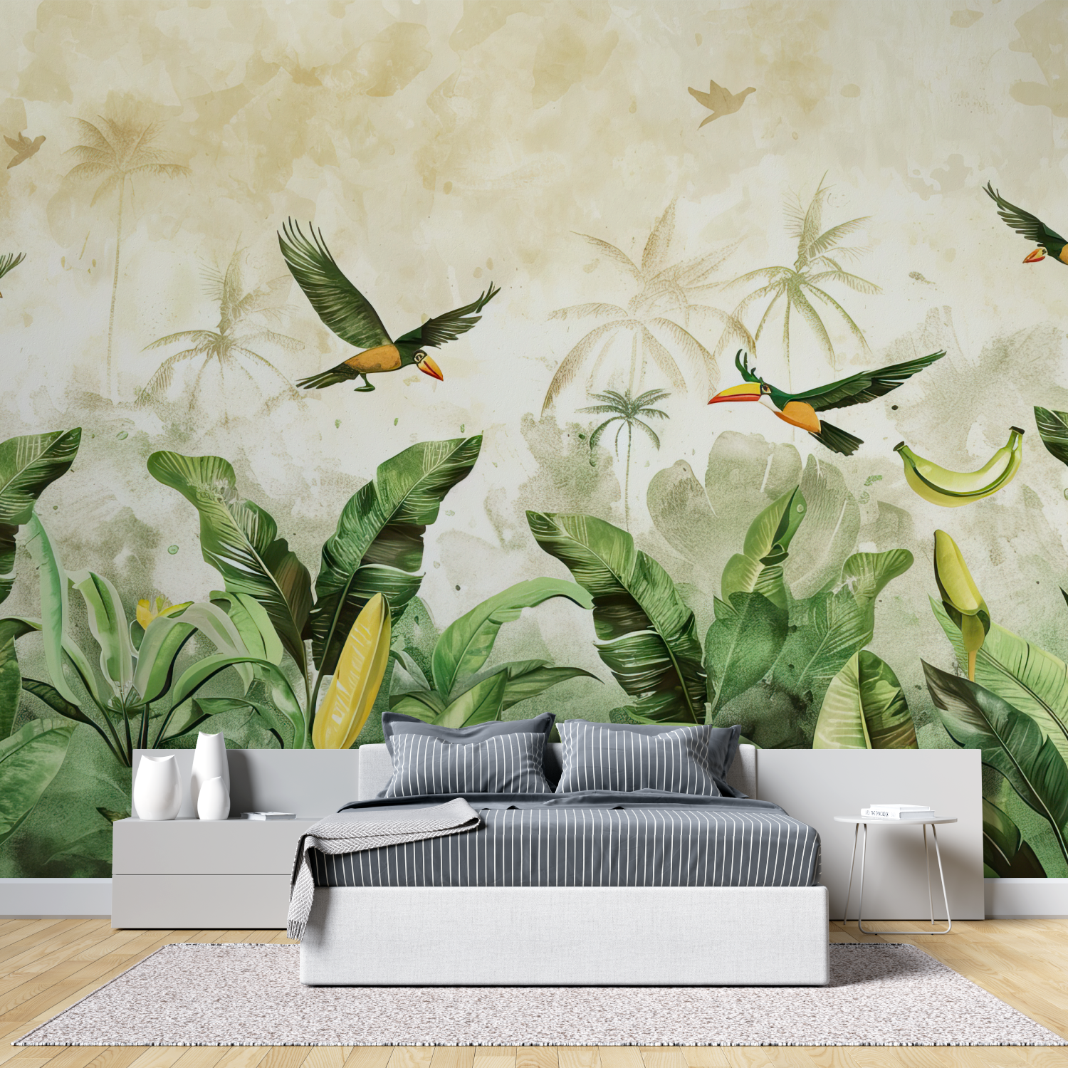 Papier peint aquarelle jungle grand pano tete de lit