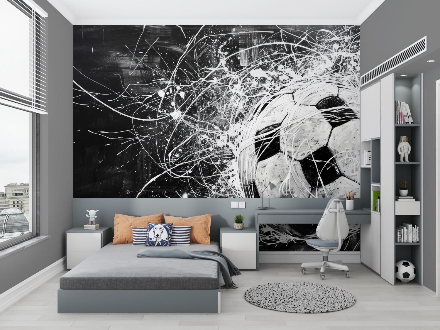 Papiere mit schwarzem Fußballon und weißem, kleinem Zimmer