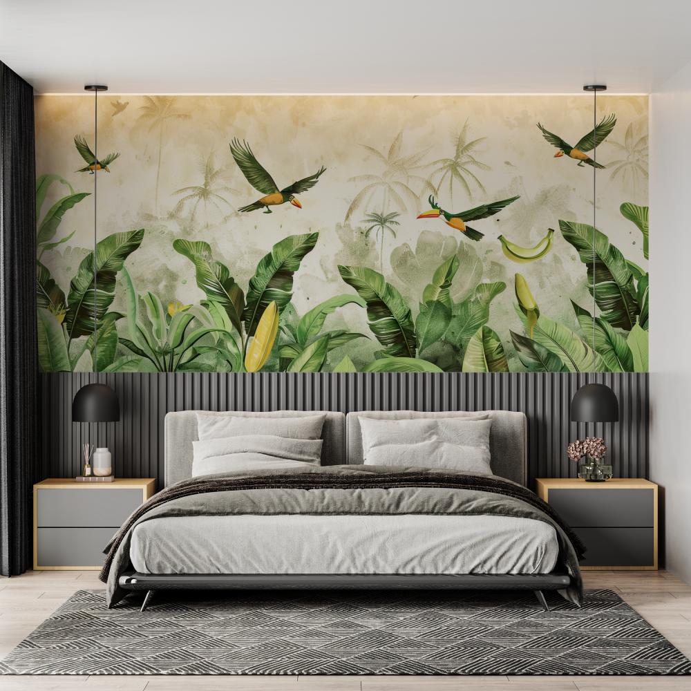 Papier peint aquarelle jungle grand pano chambre adulte