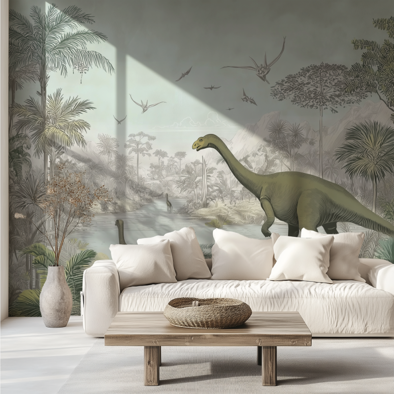 Panoramic dinosaurus kids mural wallpaper canape tendance