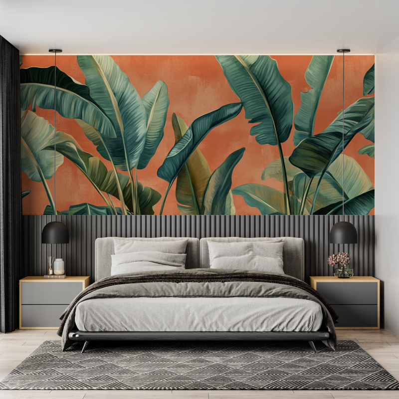 Papel de parede de terracota com folhas de bananeira | Murais Papel de parede