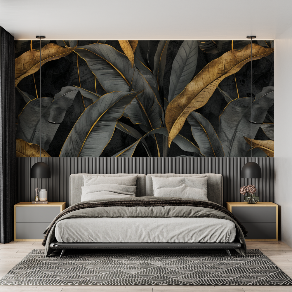 Black and Gold Banana Leaf Wallpaper | Murals Wallpaper