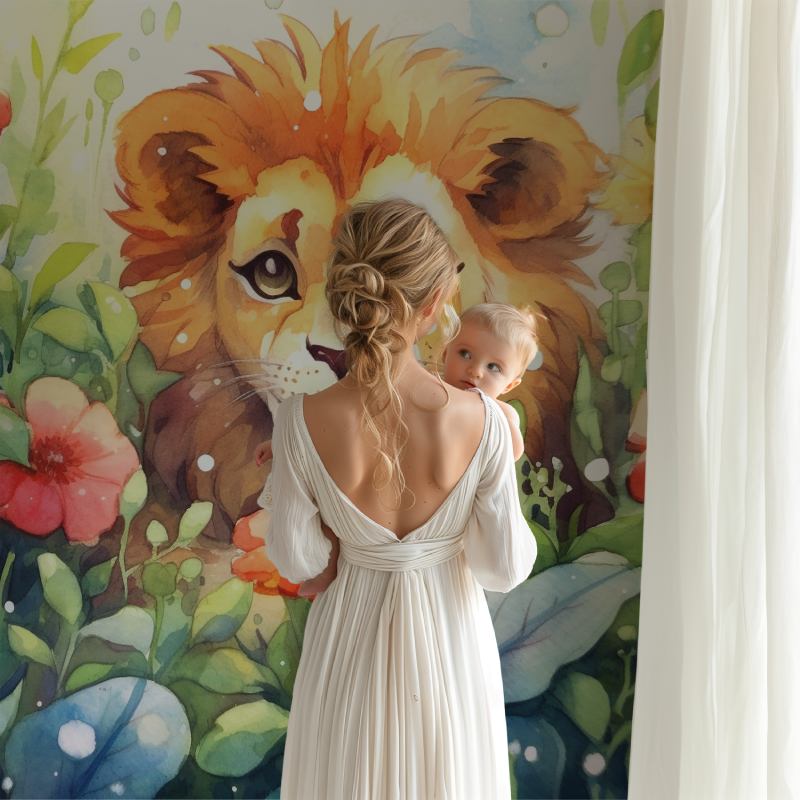 Watercolor Lion and Foliage Wallpaper | Murals Wallpaper