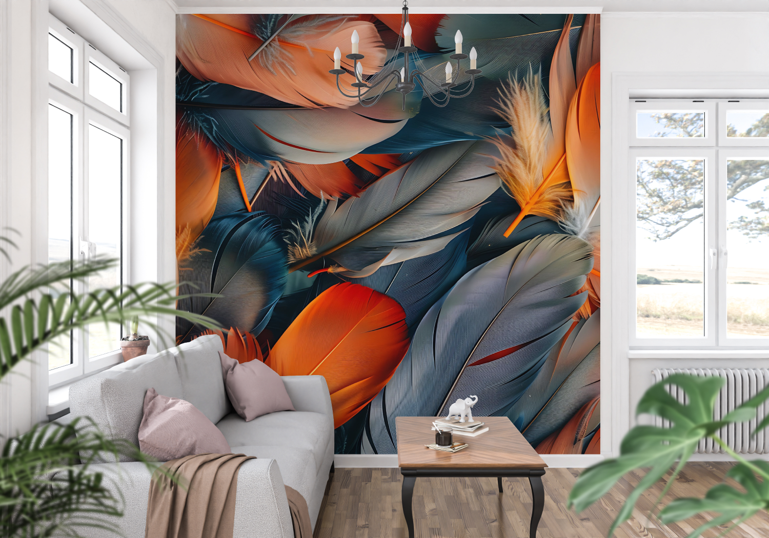 Tapete mit orangefarbenen und blauen Federn | Wandtapete