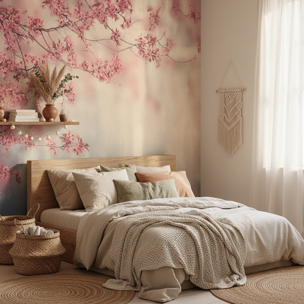 Soft Pink Sakura Blossom Mural Wallpaper