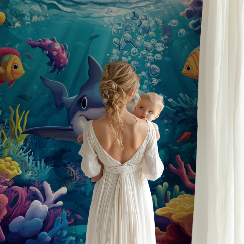 Marine Wallpaper with Red Octopus and Shark | Murals Wallpaper