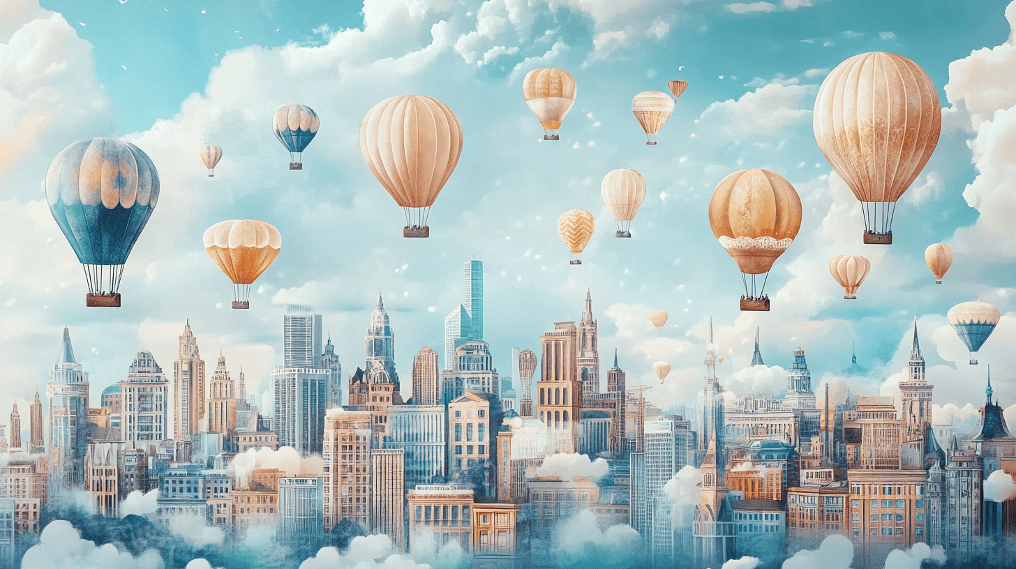 Hot Air Balloon and Stylized Urban Landscapes Wallpaper | Murals Wallpaper