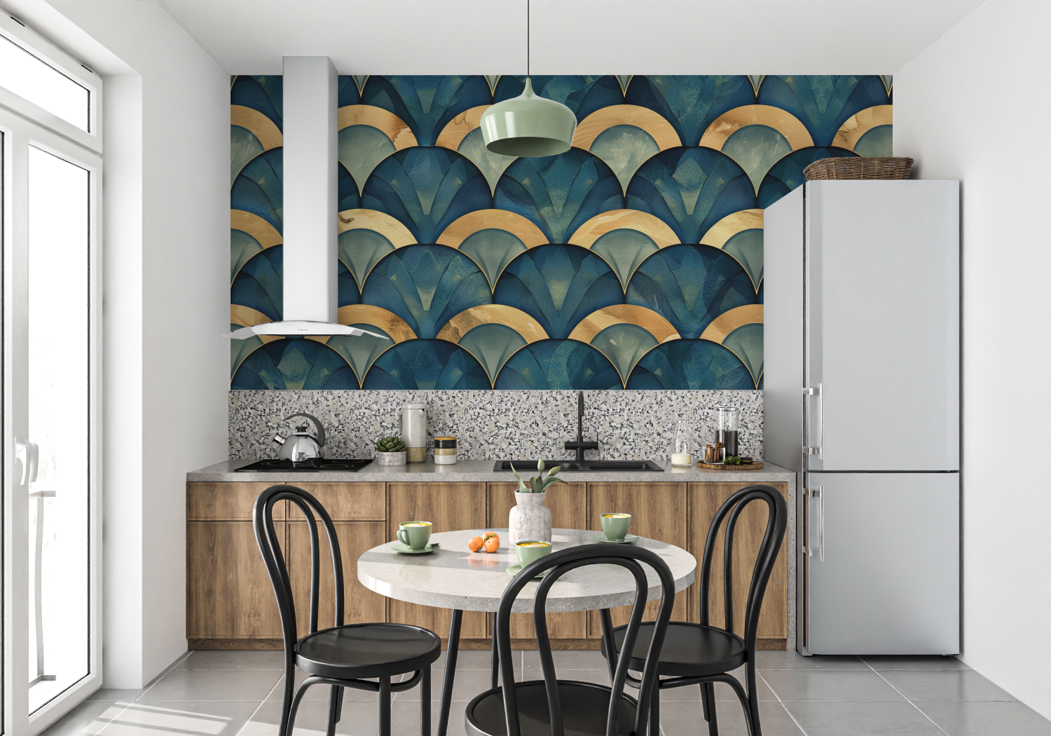 Papier Art Déco Éventail Bleu Doré – Panorama 4 Murs