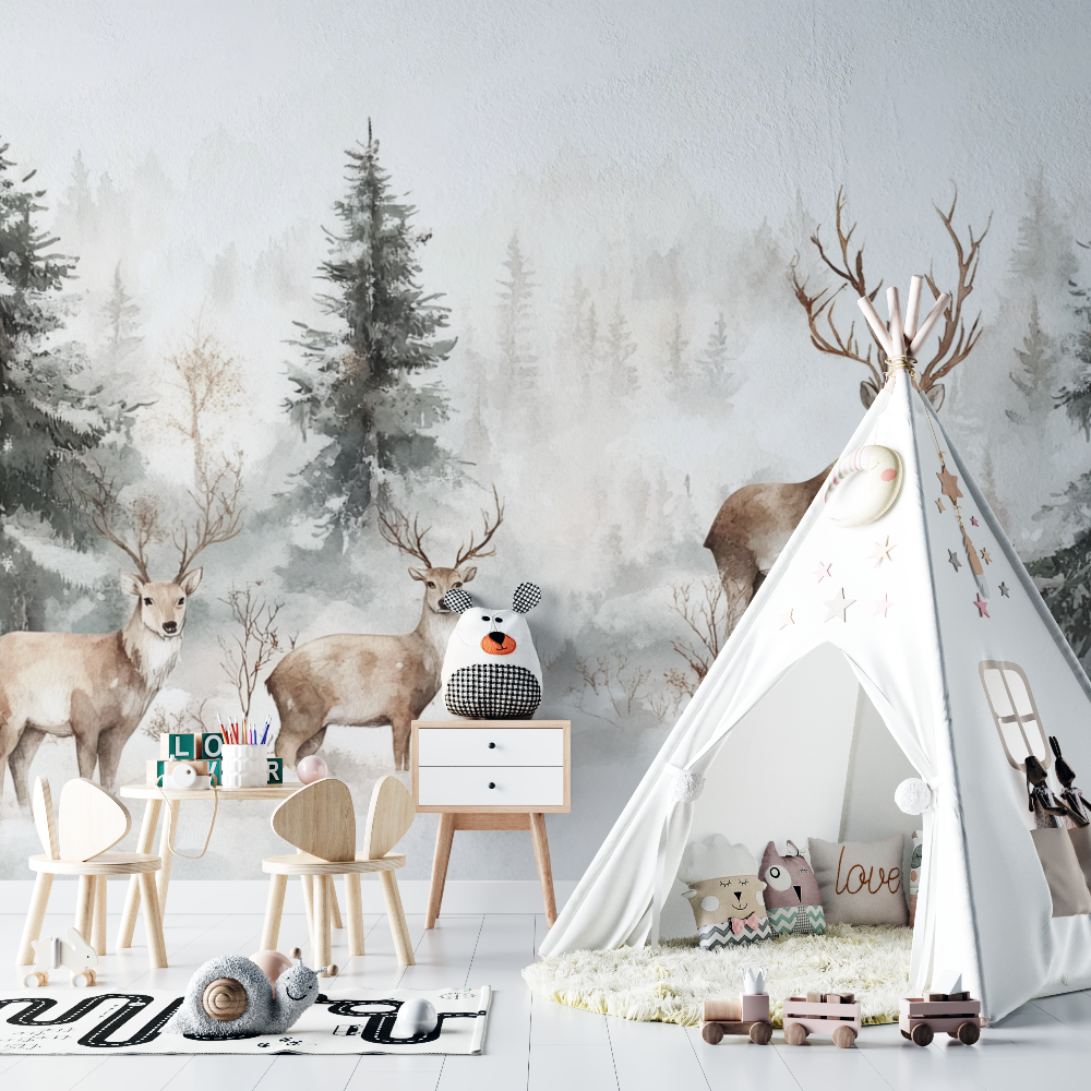 Deer and White Forest Wallpaper | Murals Wallpaper
