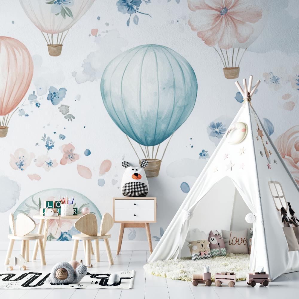 Hot Air Balloon and Delicate Flowers Wallpaper | Murals Wallpaper