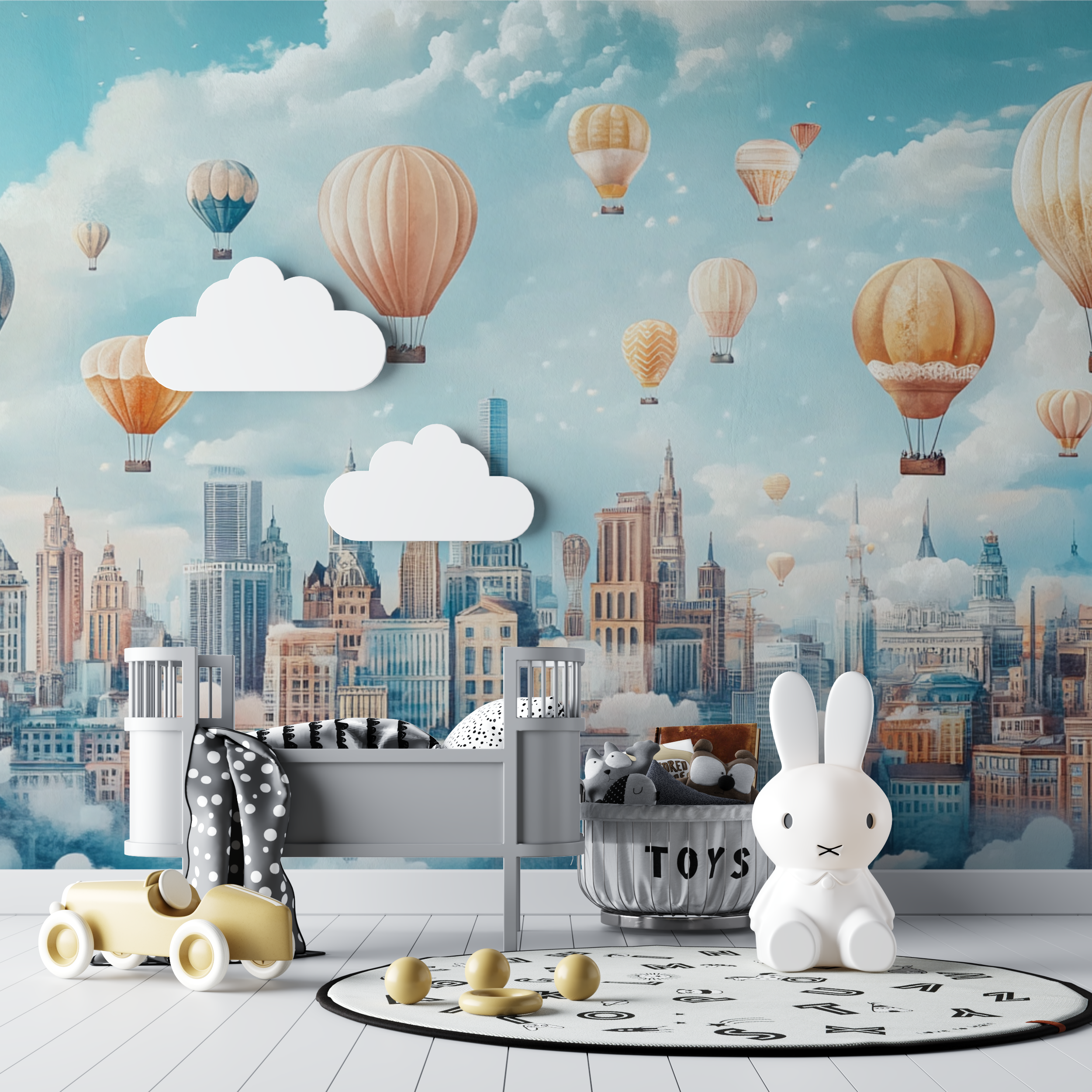 Hot Air Balloon and Stylized Urban Landscapes Wallpaper | Murals Wallpaper