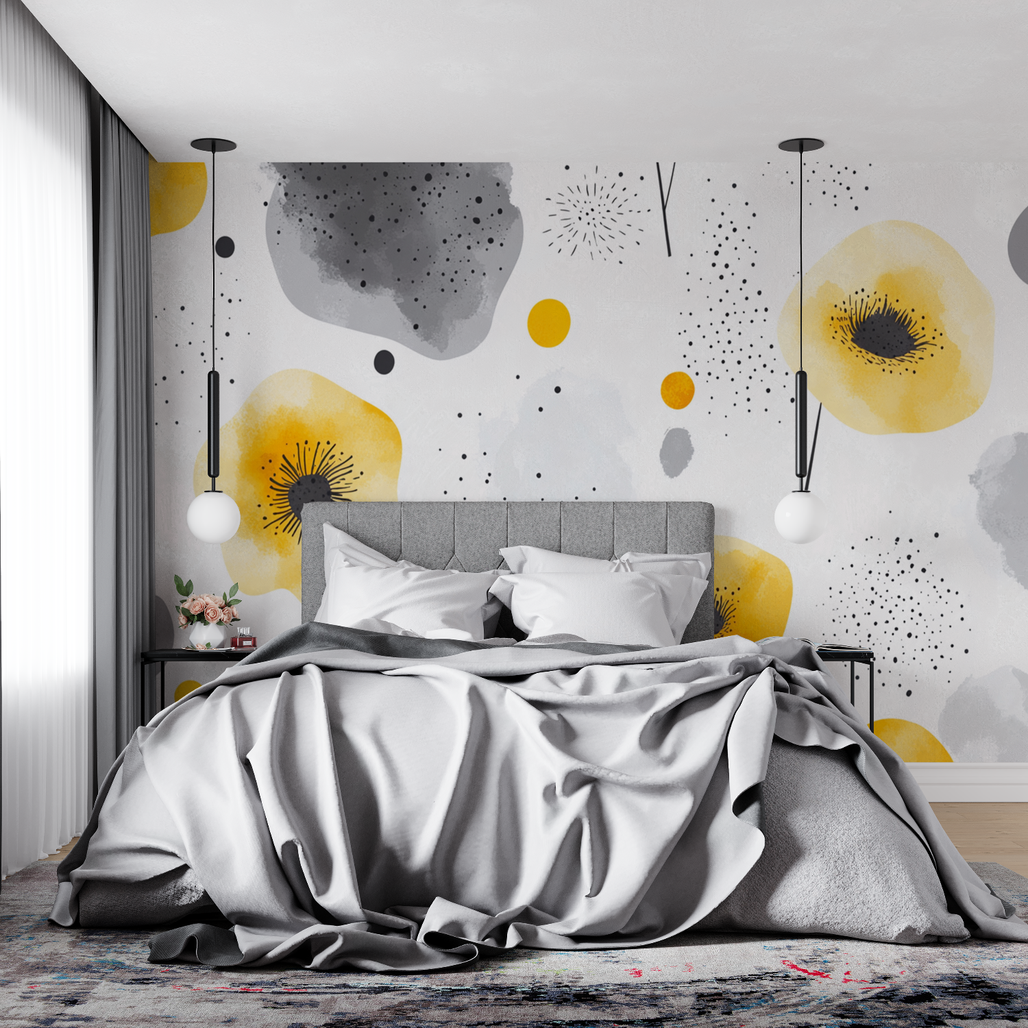 Papel de parede floral em amarelo pastel e cinzento | Murais Papel de parede