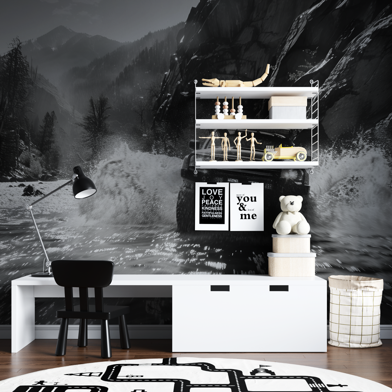 Rallyeauto-Tapete in Schwarz-Weiß | Wandbilder