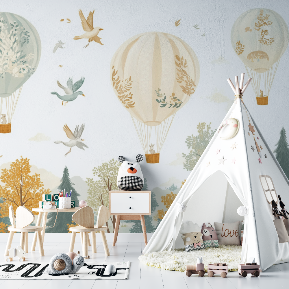 Papel de parede Balão de ar quente e animais da floresta | Papel de parede Murals