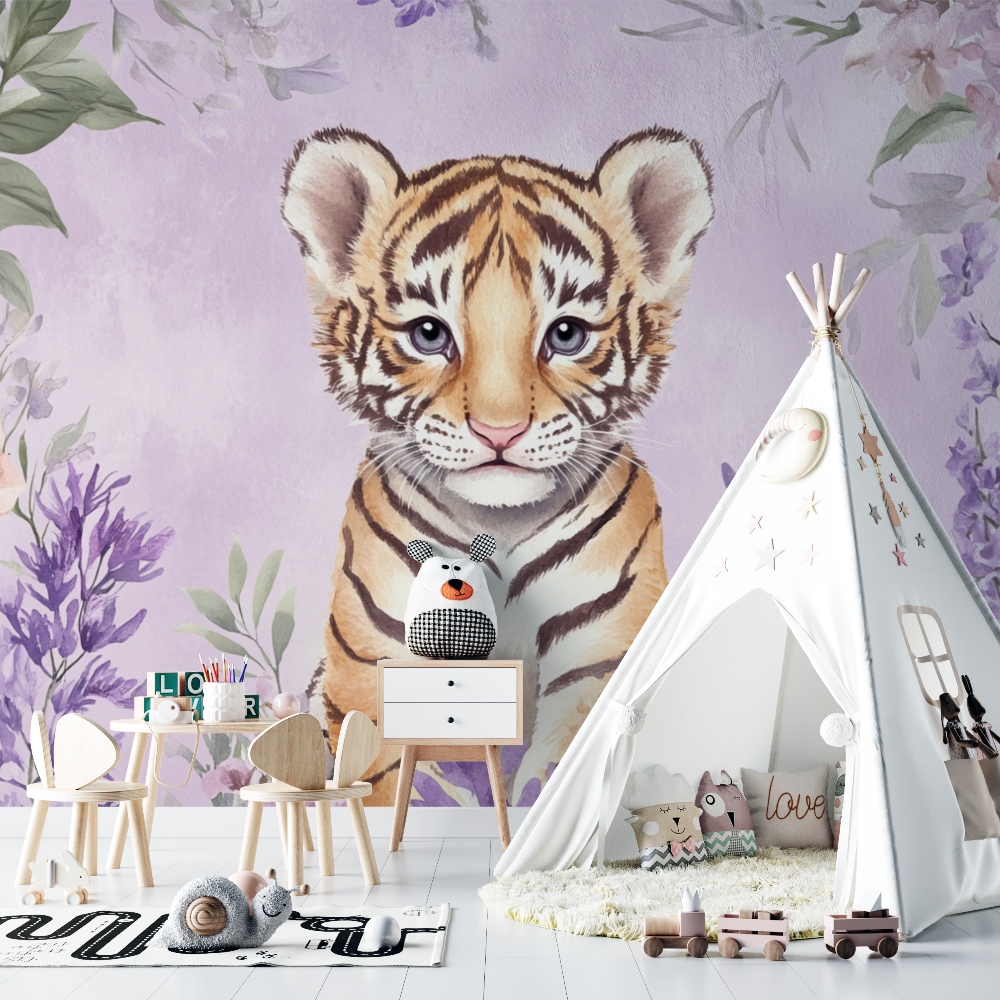 Tiger- und zarte Blumen-Tapete | Wandbildtapete