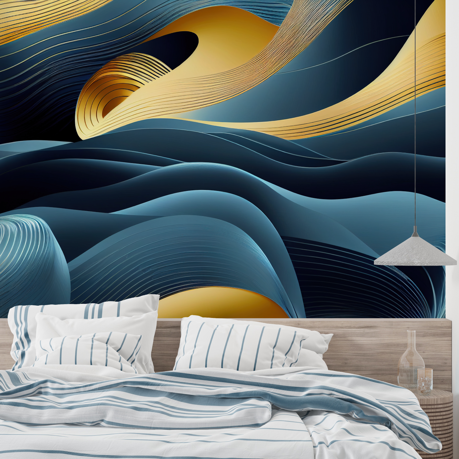 Papier Art Déco Bleu Et Or Vagues – Merlin Leroy