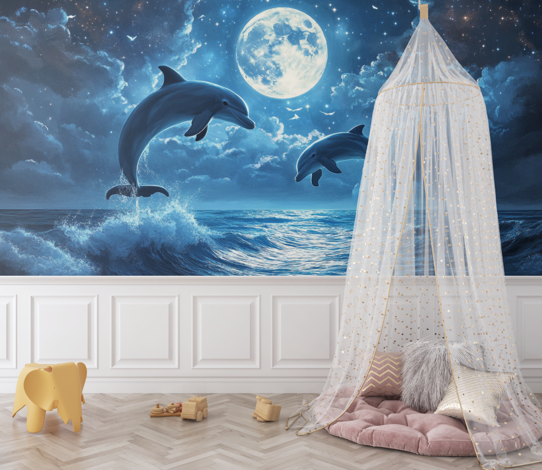 Marine Wallpaper with Dolphins and Shining Moon | Murals Wallpaper