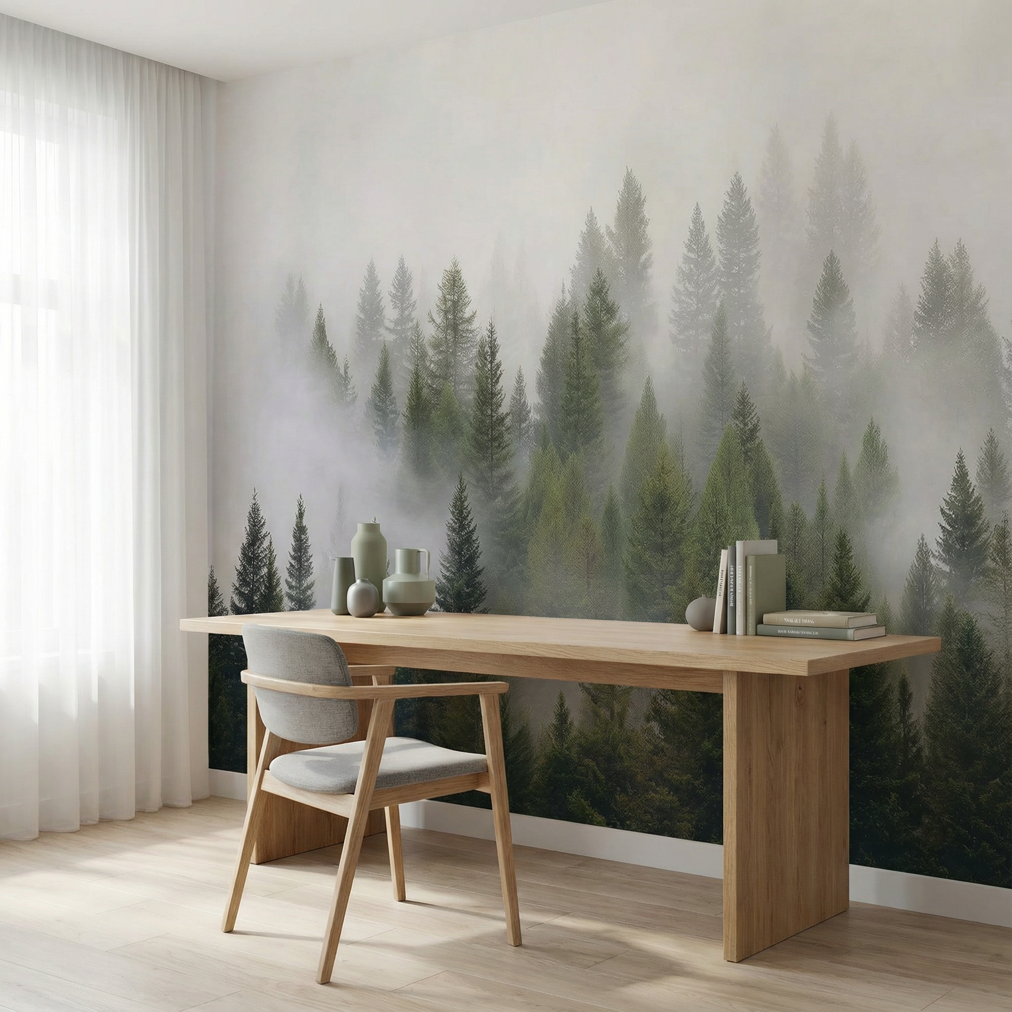 Wandtapete „Nebeliger grüner Kiefernwald“