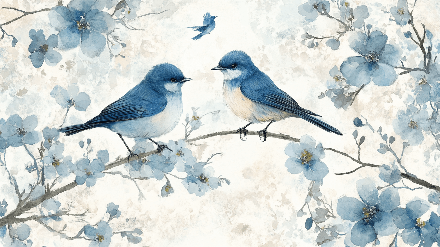 Watercolor Wallpaper with Songbirds on Flowering Branch | Murals Wallpaper