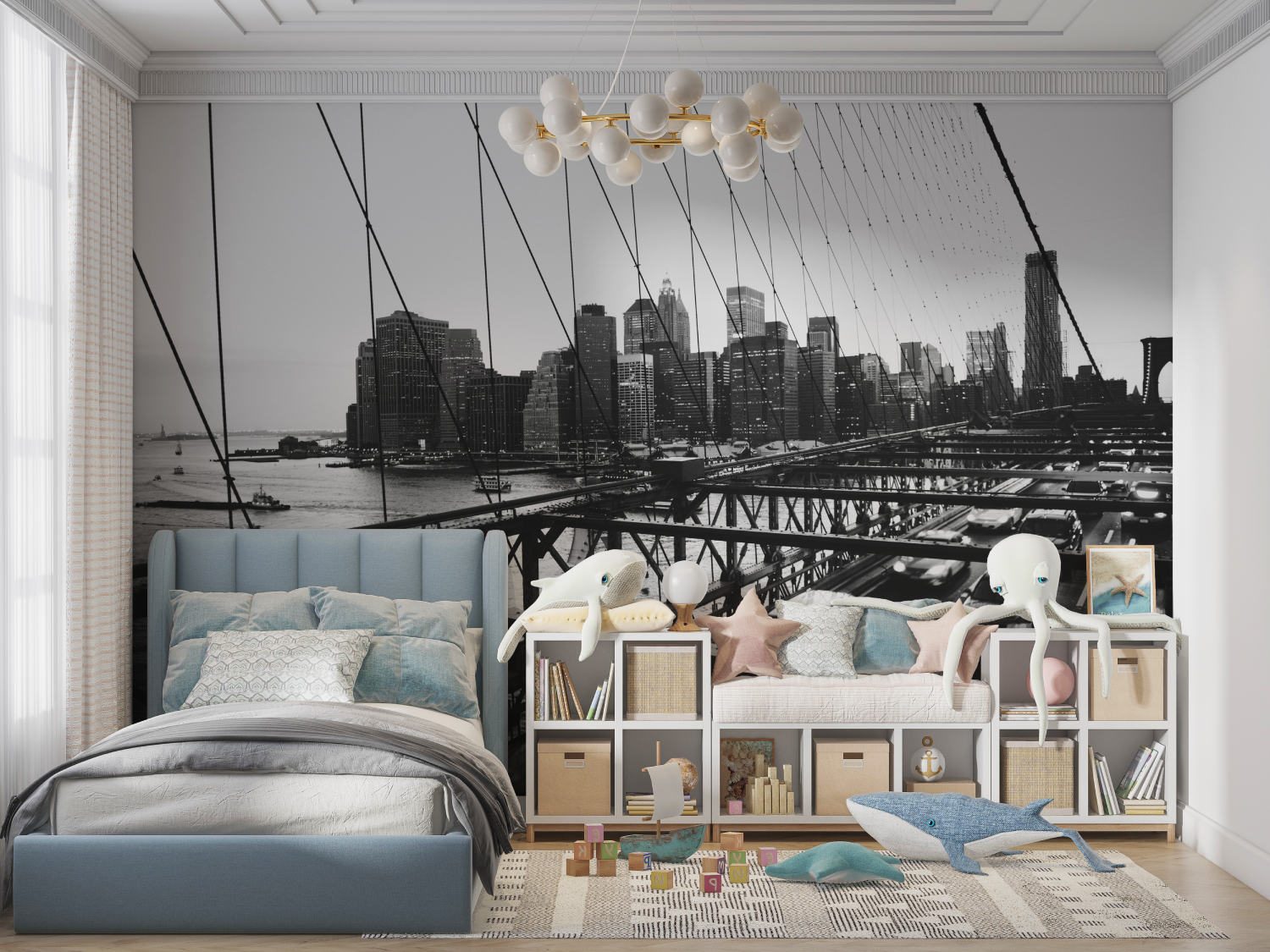 Schwarz-Weiß-Tapete mit Autos auf der Brooklyn Bridge | Wandbilder