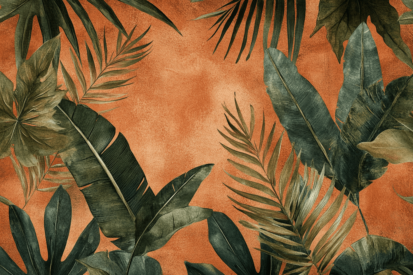 Terracotta Wallpaper with Tropical Leaves | Murals Wallpaper