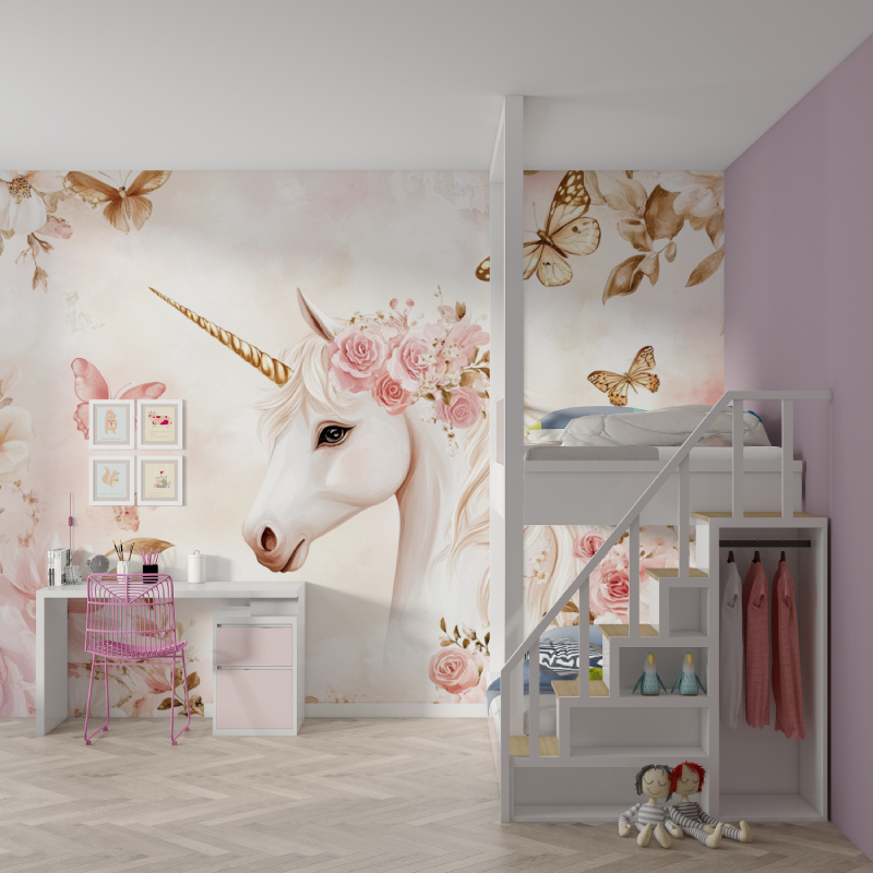 Papier peint licorne princesse ...s fleurs mur chambre fille