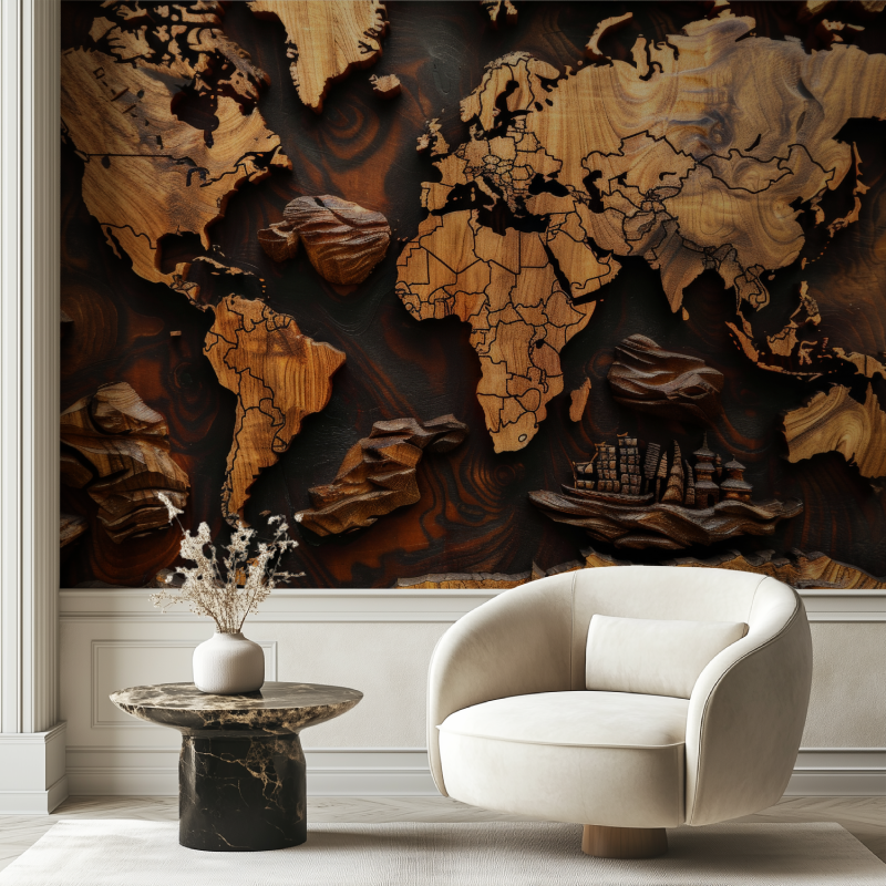 Papier peint carte du monde bois 3d chaise tendance