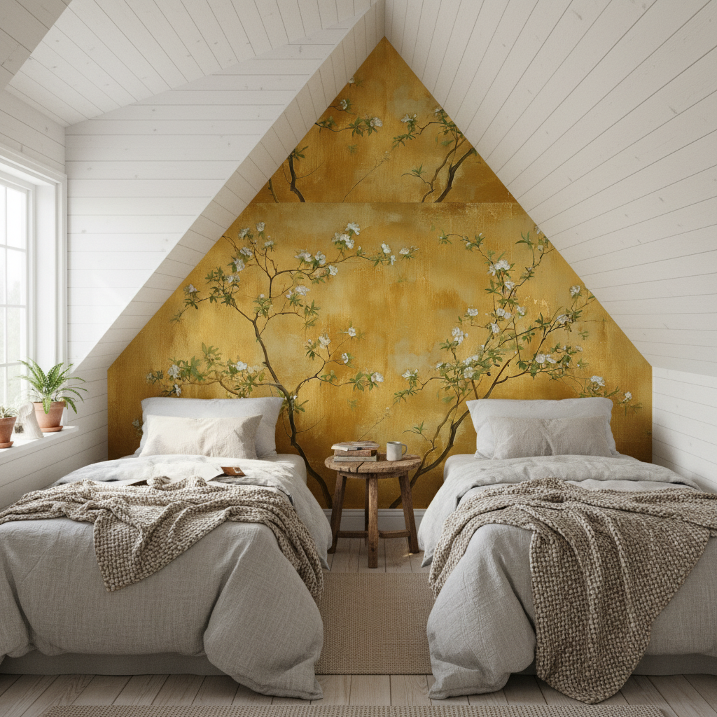 Tapete mit goldenem Chinoiserie-Blütenzweigmuster