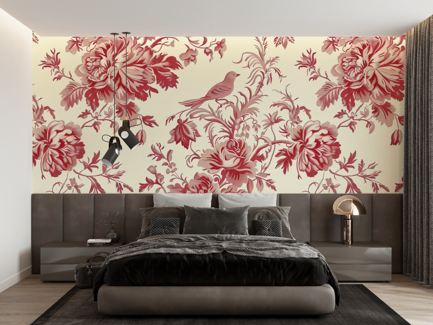 Red Toile De Jouy Bird Wallpaper | Murals Wallpaper