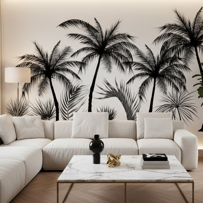 Mural Black and White Panoramic Wallpaper with Trees