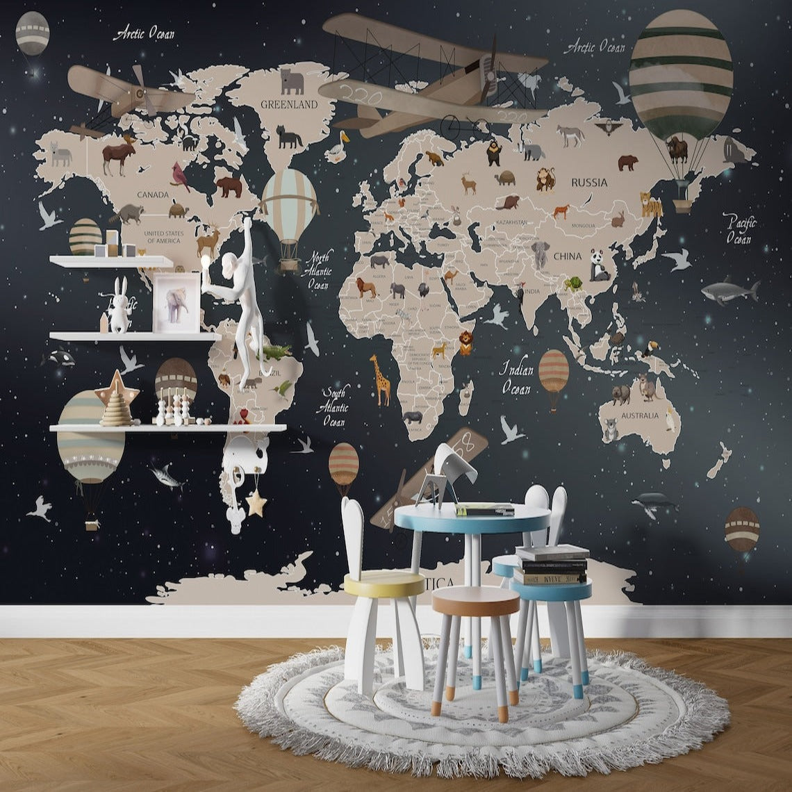 World Map Wallpaper<br/> Black Map and Airplane | Murals Wallpaper