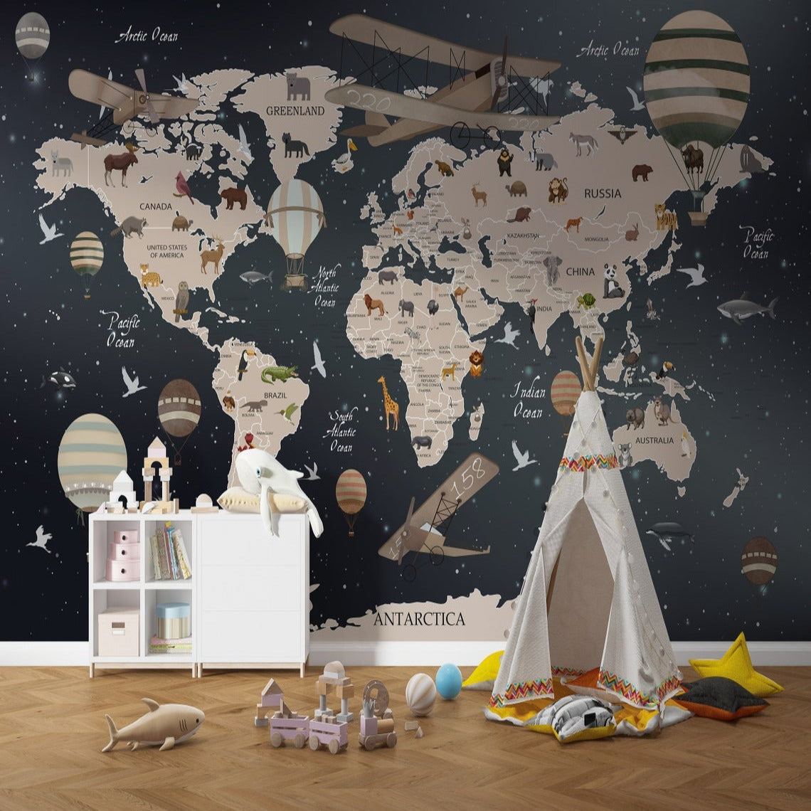 Mural World Map Wallpaper in Black with Airplane