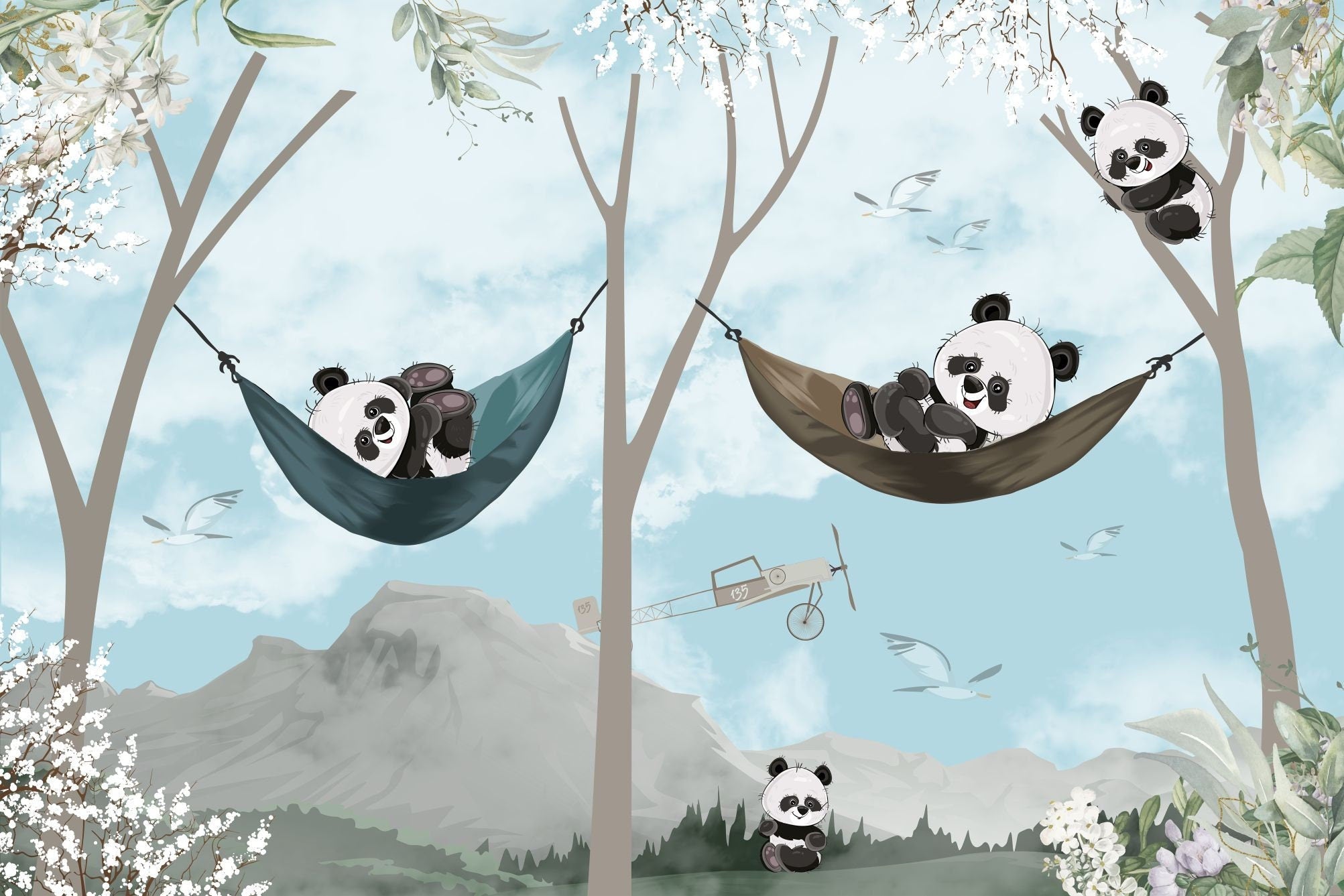 Blue Panda and Hammock Wallpaper Mural | Murals Wallpaper
