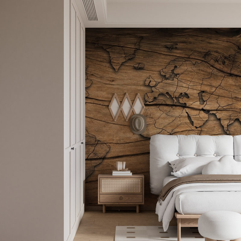 Mural World Map Wallpaper with Wood Effect